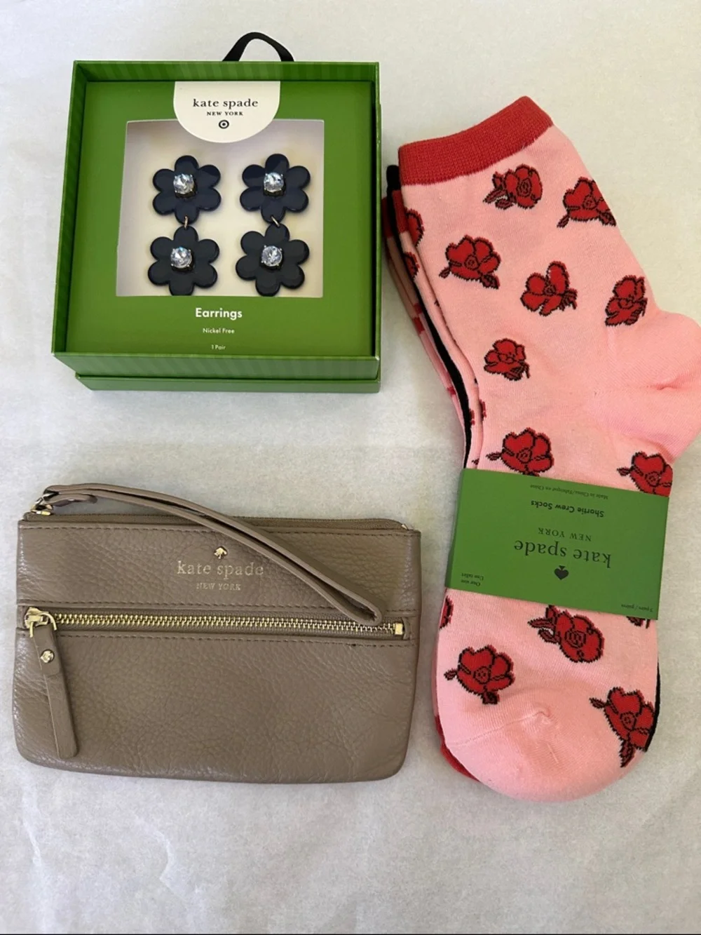 kate spade Bundle-3 pack Crew Socks, Taupe Leather Wristlet, Flower earrings